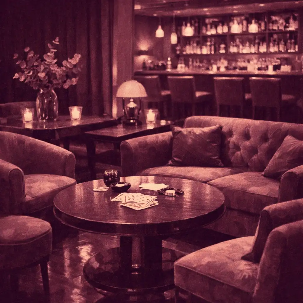 Card Lounge at Royal River Lounge in the evening with warm lighting and physical poker tables