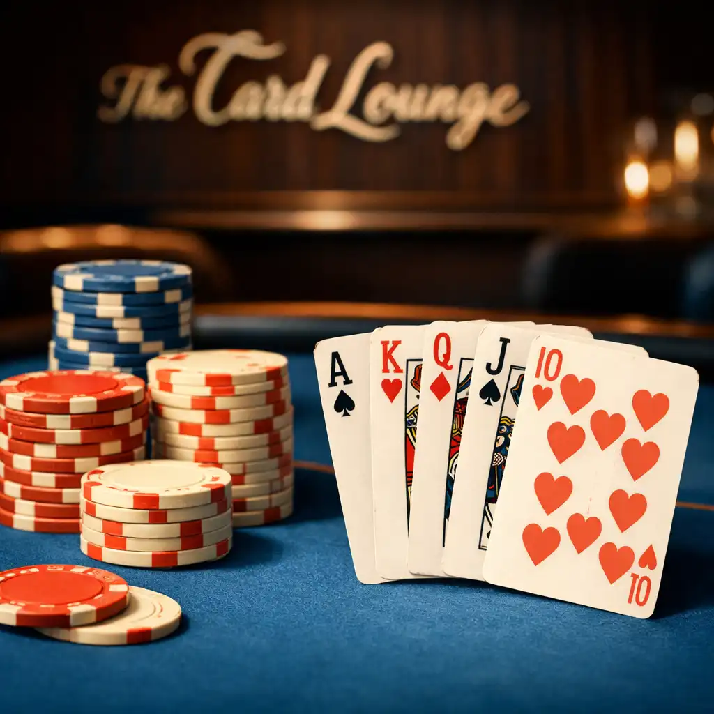 Physical playing cards and poker chips arranged on a poker table in the Card Lounge