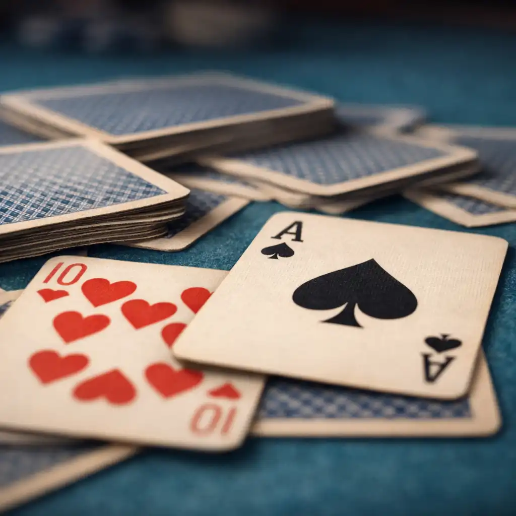 Deck of playing cards spread on a poker table, some face up and some face down