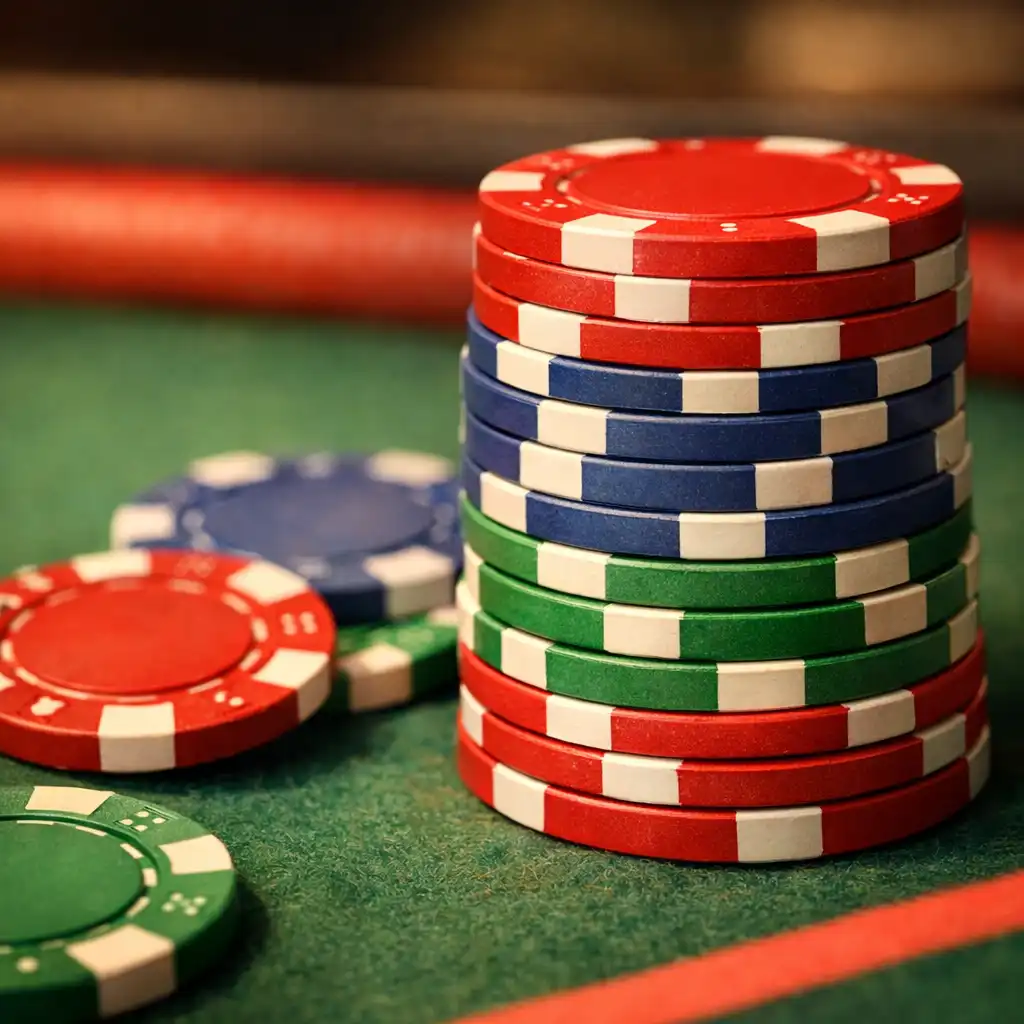 Stack of colourful poker chips on a table, with a few chips scattered nearby