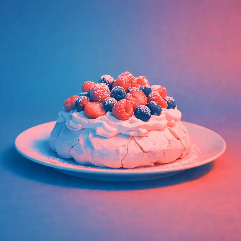 Pavlova with fresh berries and whipped cream on a white plate