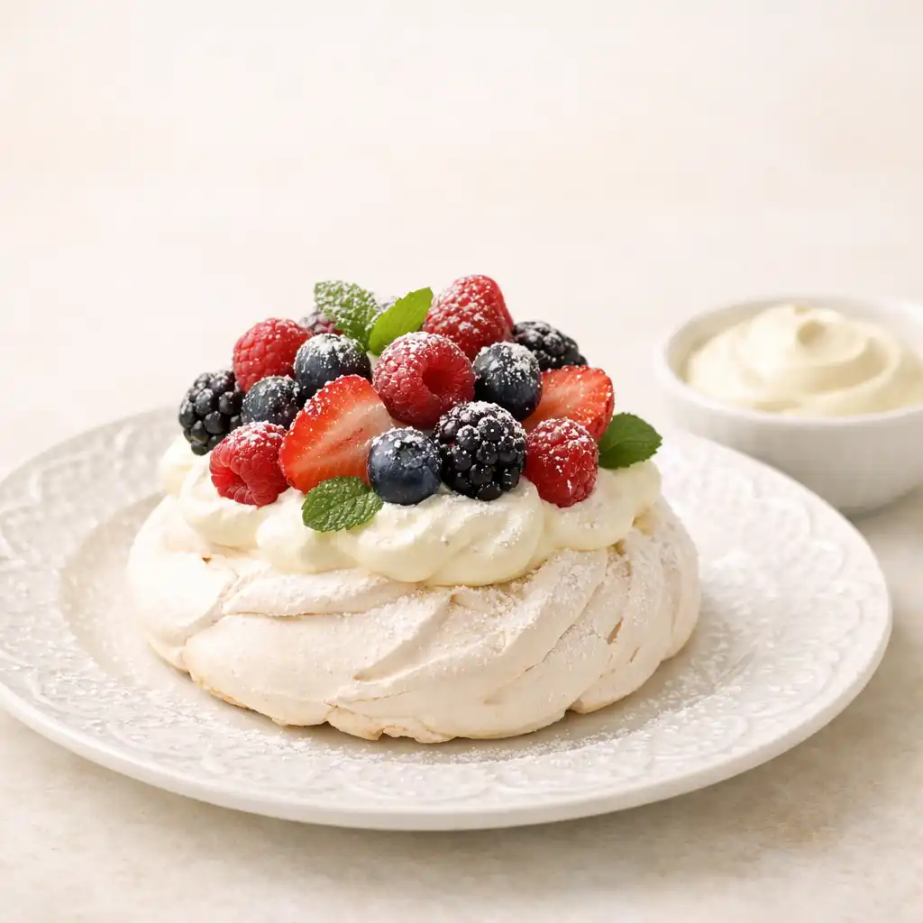 Pavlova dessert with fresh berries and icing sugar