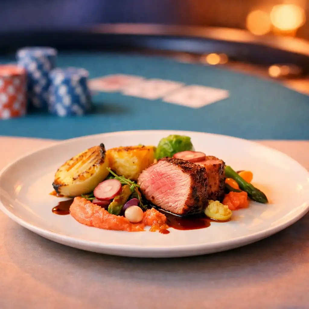 A beautifully plated dish in the foreground with a poker table softly blurred in the background