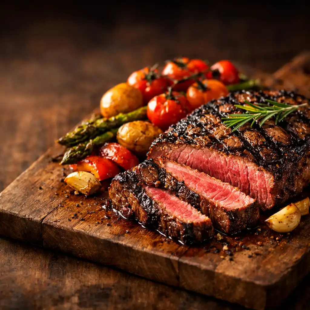 Grilled steak with char marks, roasted vegetables, and rosemary