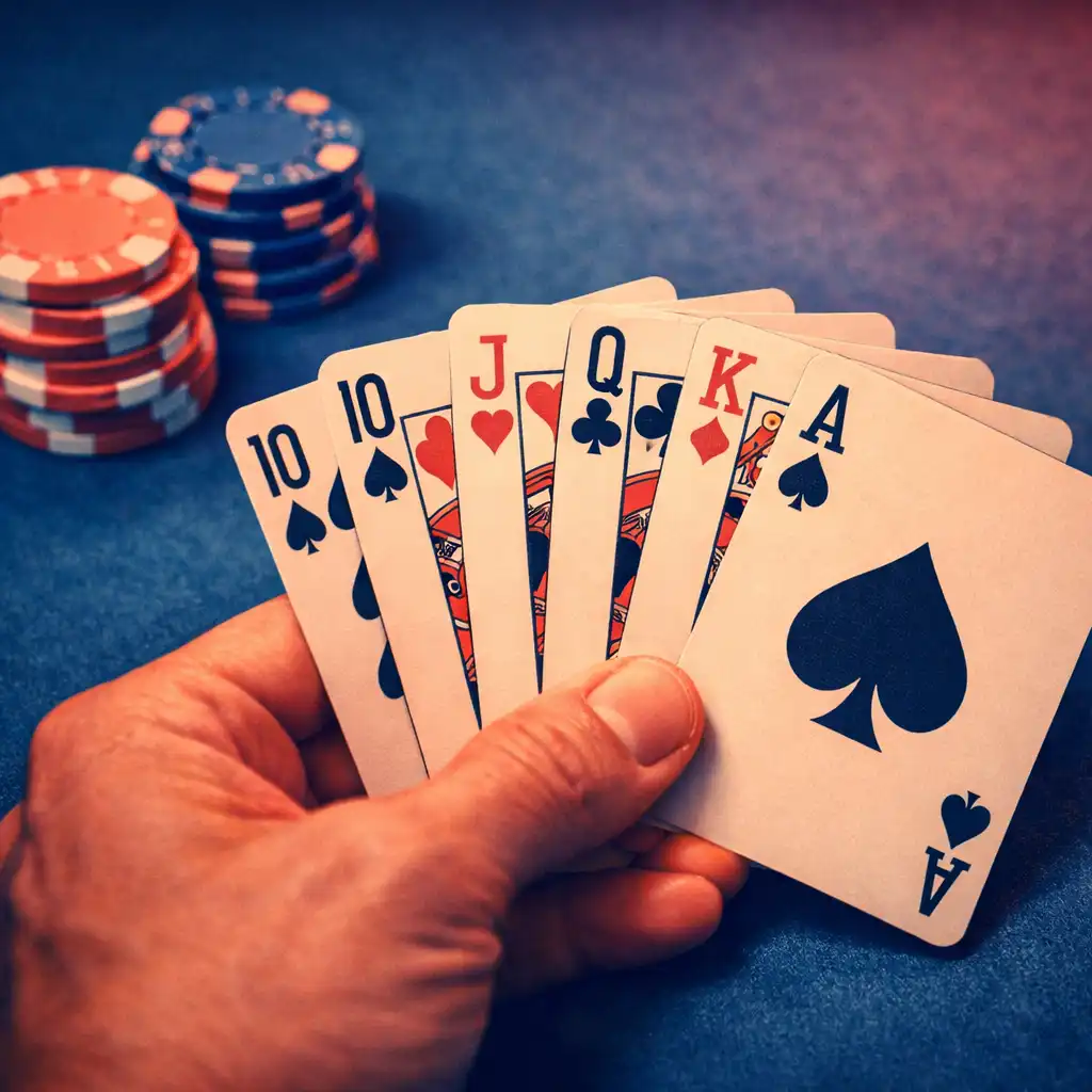 Close-up of hands dealing playing cards on a physical poker table with chips nearby
