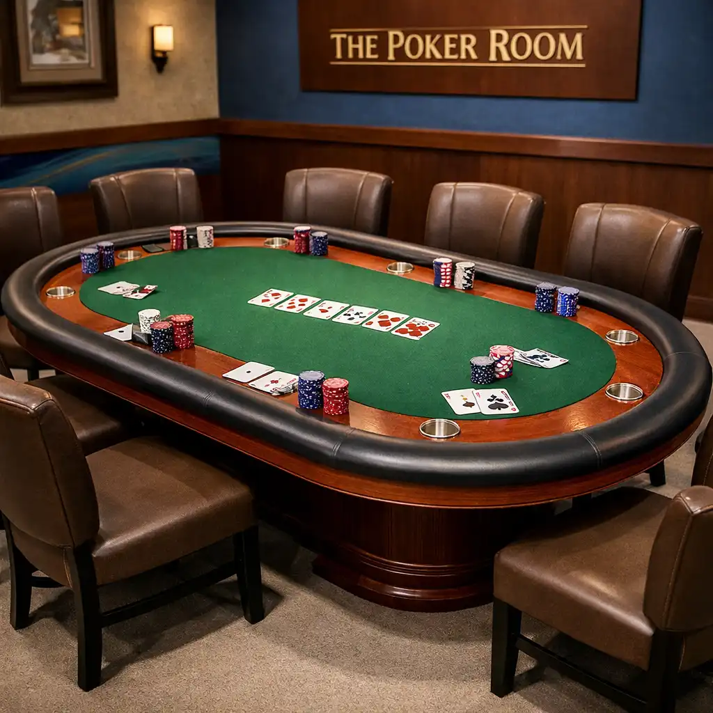 Classic oval poker table with eight chairs arranged around it in the Poker Room