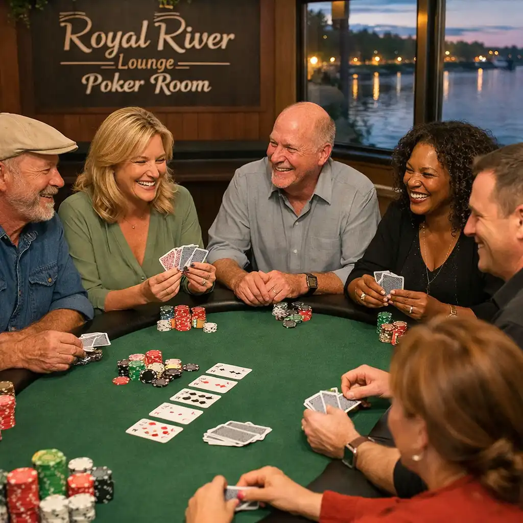 Group of adults seated around a physical poker table, smiling and interacting over cards and chips