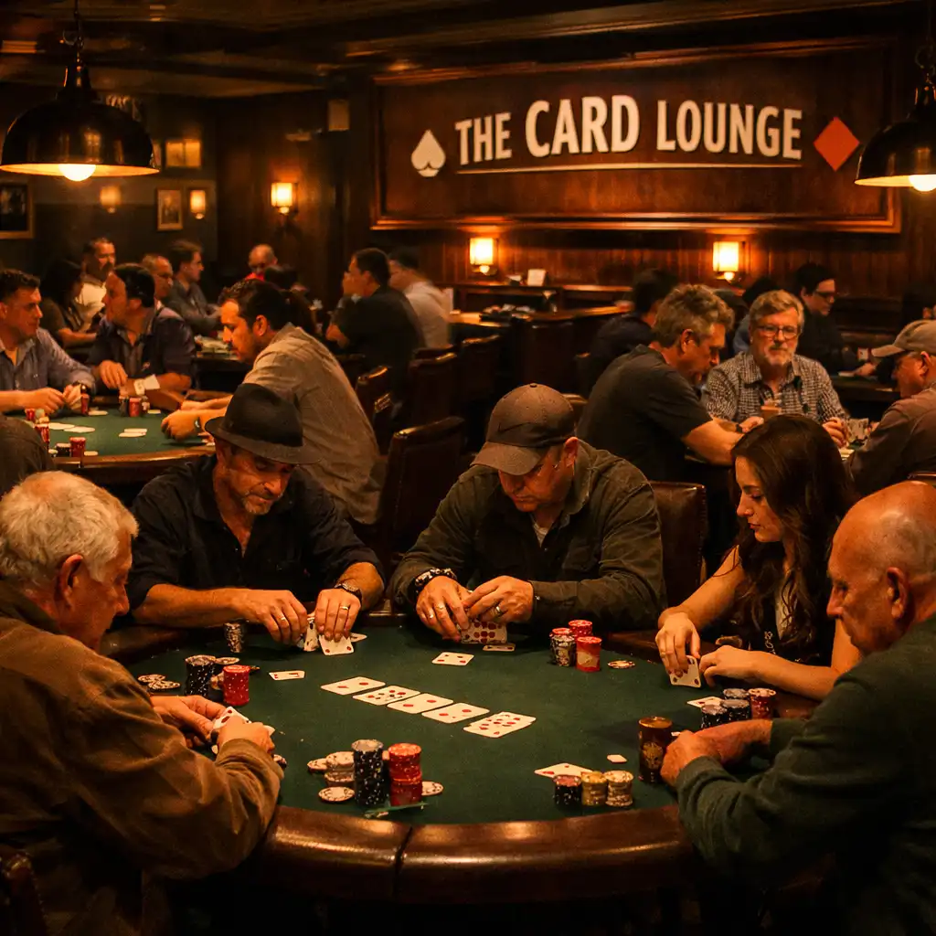Card Lounge in the evening with players at physical poker tables