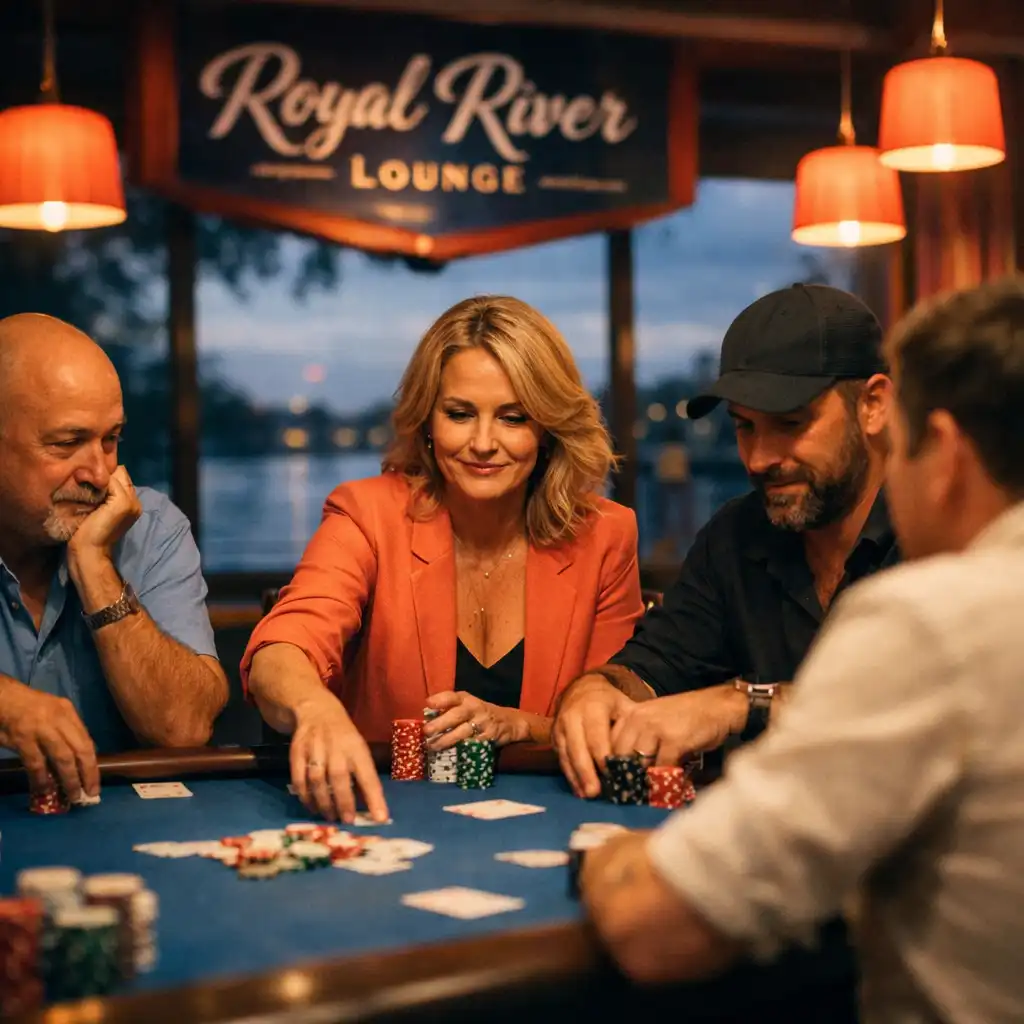 Live poker game in progress with adults seated around a physical table, warm pendant lights, and river view