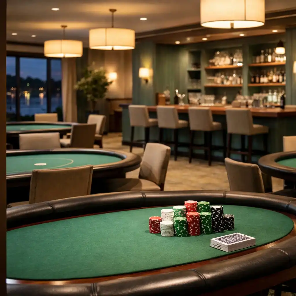 Interior of the dedicated poker room with physical tables, warm lighting, and eucalyptus green accents