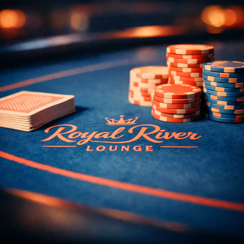 Close-up of a physical poker table with cards and chips