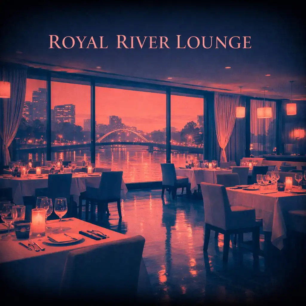 Riverside dining room at Royal River Lounge with large windows and warm evening light