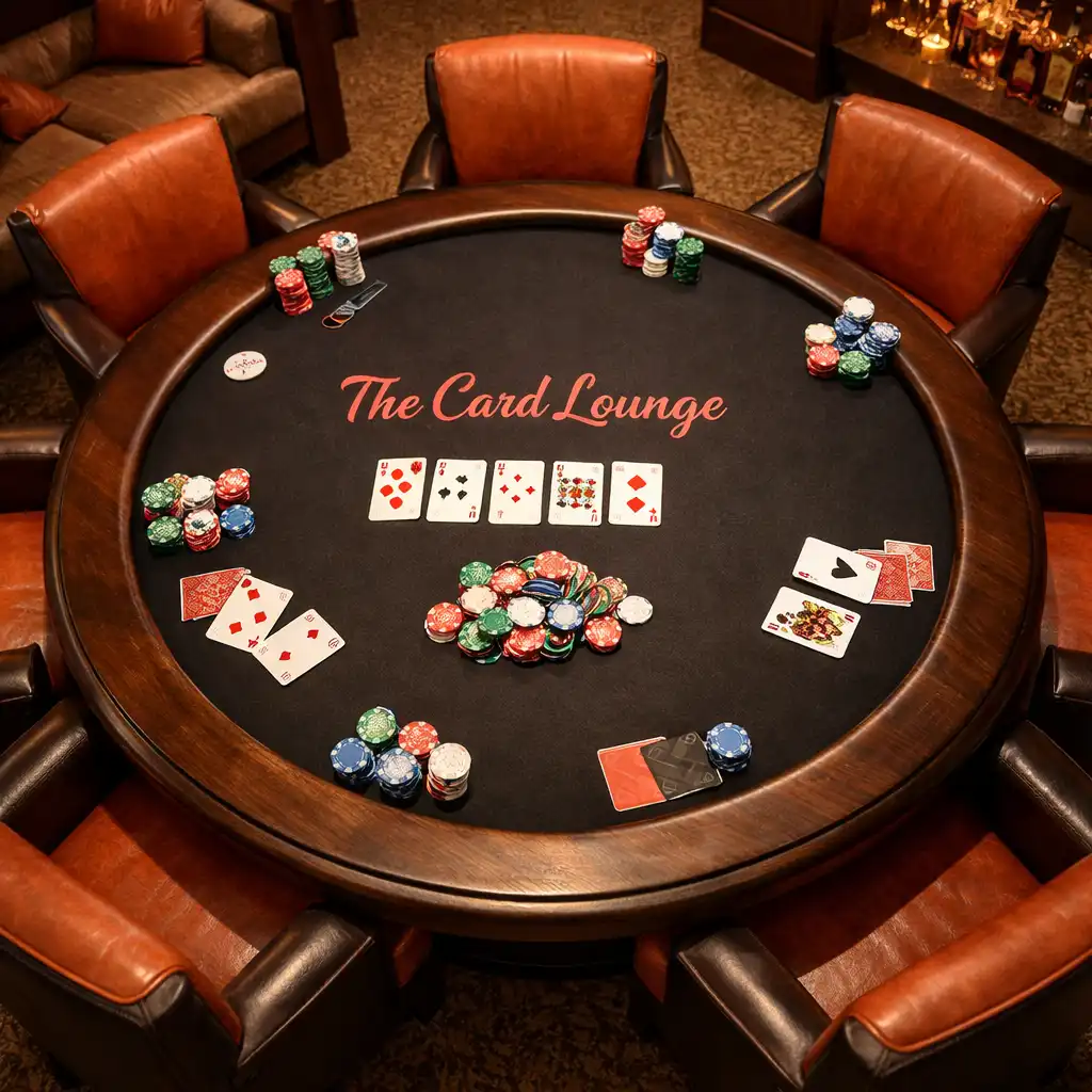 Round poker table with six chairs in the Card Lounge, showing a dark wood finish and felt top