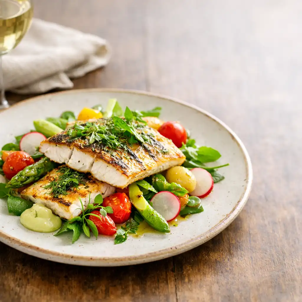 Seasonal dish with grilled fish, fresh herbs, and colourful vegetables
