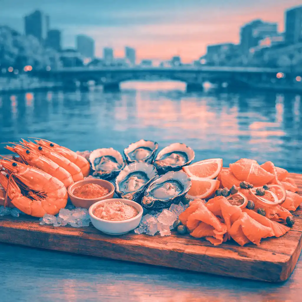 Seafood sharing platter with prawns, oysters, and smoked salmon overlooking the river