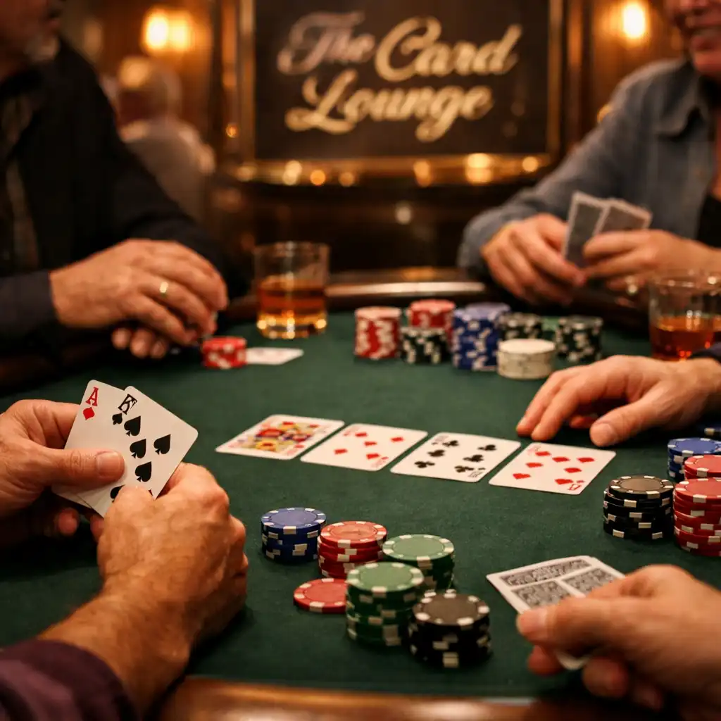 Adults seated around a physical poker table in the Card Lounge, engaged in friendly face-to-face play