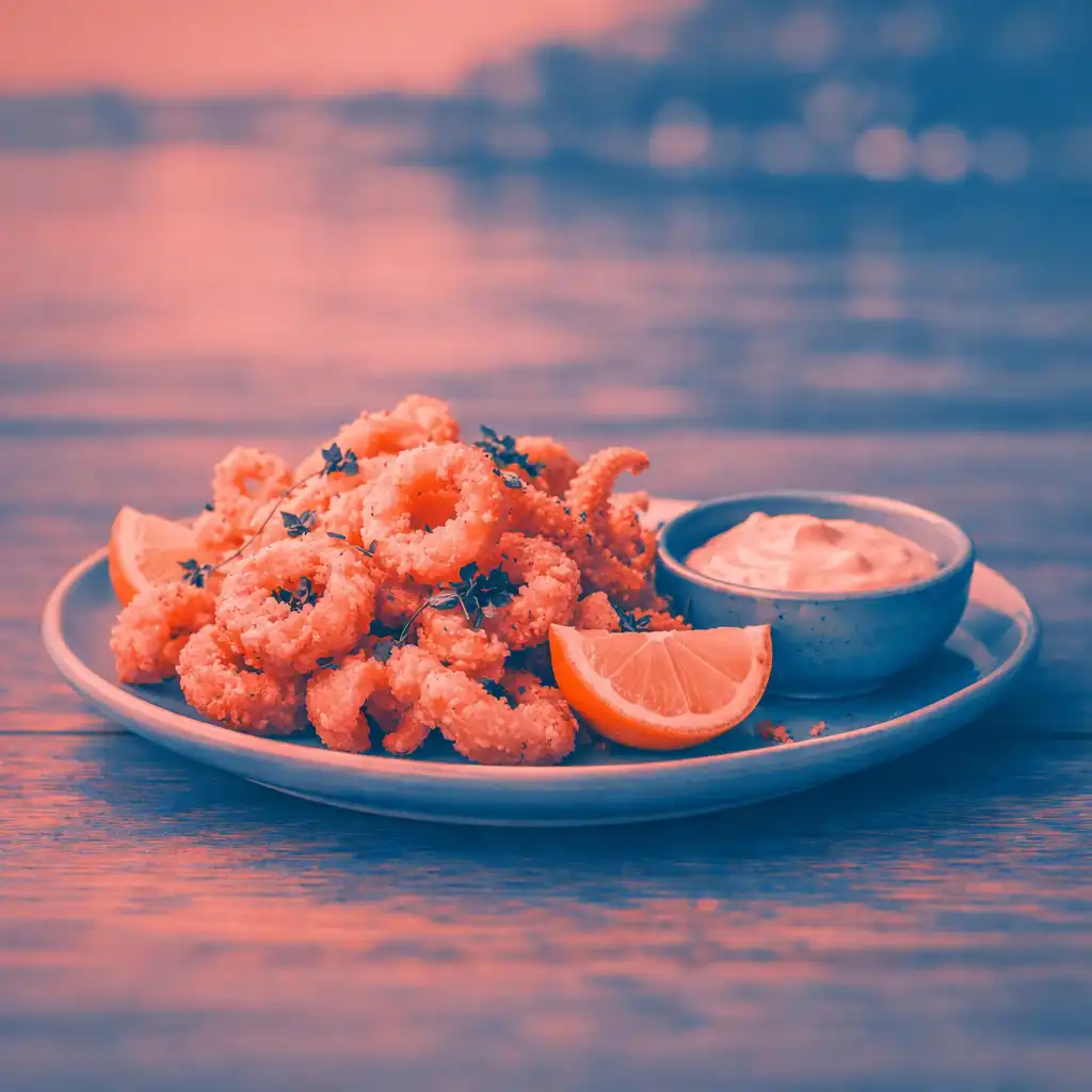 Salt and pepper calamari with lemon aioli on a rustic plate