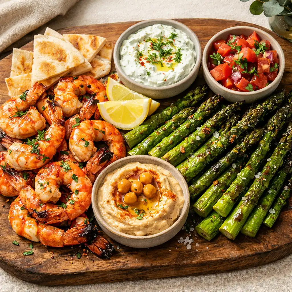 Shared starter platter with grilled prawns, charred asparagus, and house-made dips