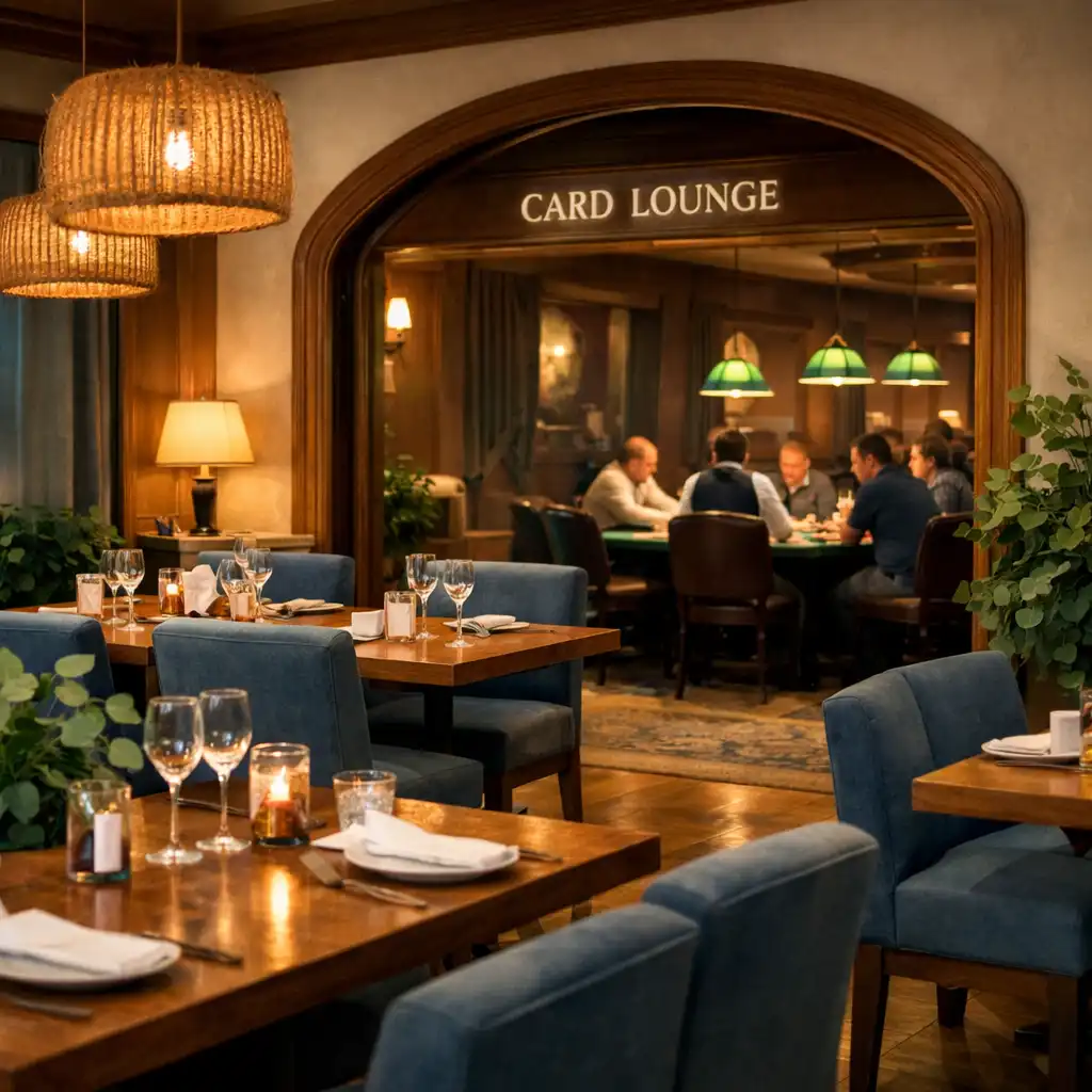 Interior of Royal River Lounge with dining area and card lounge visible through an archway